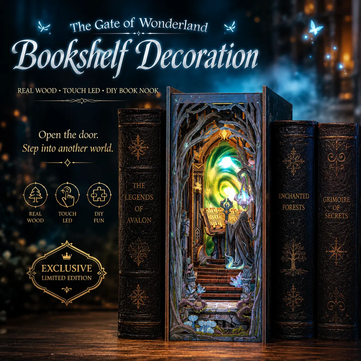 LED Glowing Book Nook Kit - Magic Wizard Portal 3D Wooden Puzzle, DIY Bookshelf Insert Diorama Gift for Adults & Teens | CUTEBEE