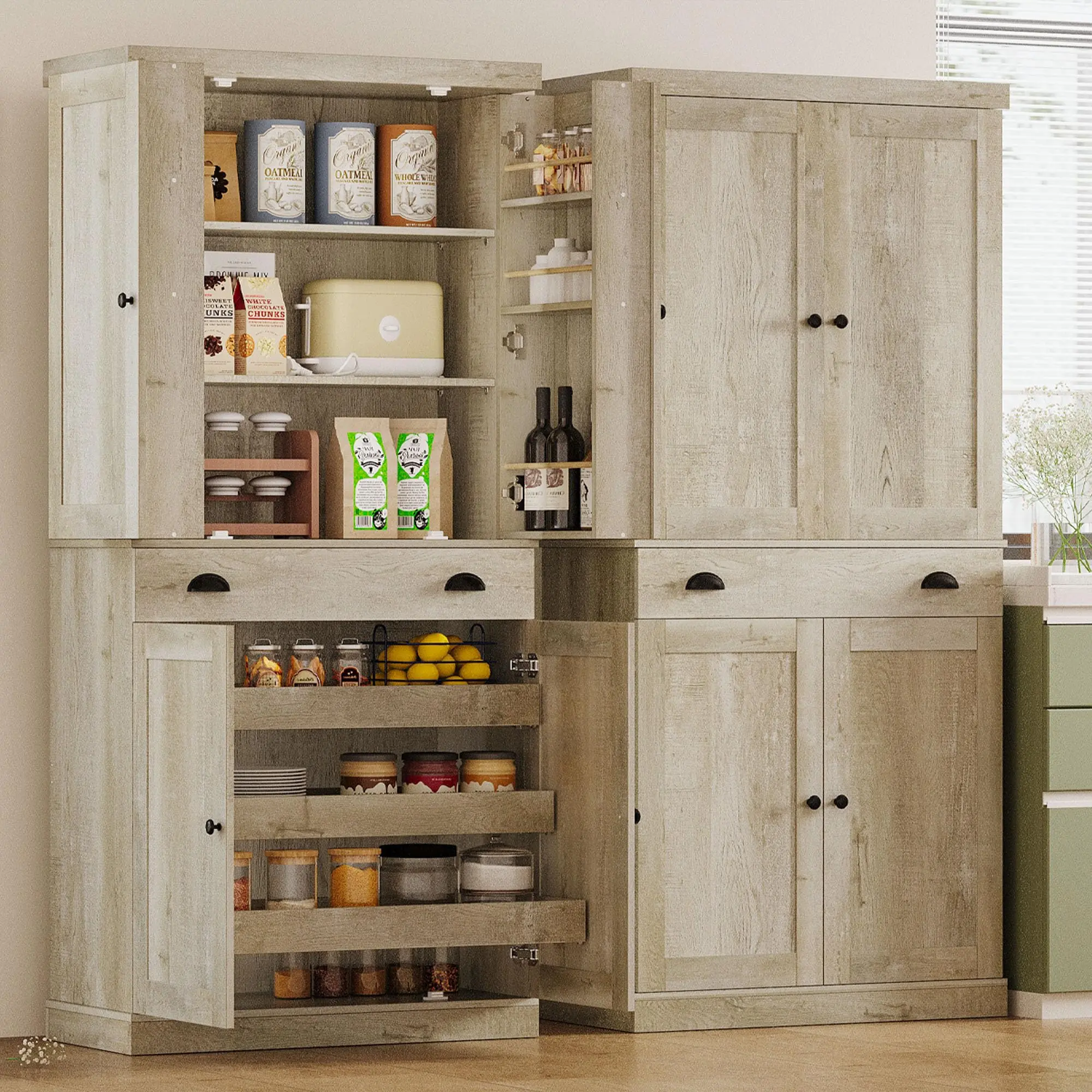 【72 High, 2-Pack】 IRONCK Freestanding Storage Cabinet, MDF Sideboard Pantry with Drawer, Sliding Rack, 6 Hanging Shelves & Anti-Tip Kit, Rustic Cupboard for Dining Room, Laundry, Dorm Essentials