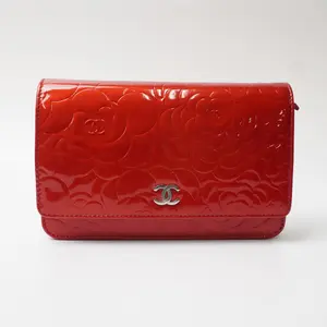 Pre-owned CHANEL leather Clutches & Wristlets Patent Camellia Embossed Wallet On Chain WOC Dark Red