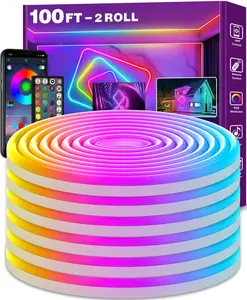 100Ft Neon Rope Lights,Flexible Led Rope Lights Control with App/Remote,Multiple Modes Rope Lights,IP65 Outdoor RGB Led Neon Lights ,Music Sync Gaming Led Neon Light Strip for Bedroom Decor