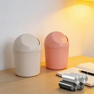 CUGBO 2 Pcs Mini Plastic Wastebasket with Swing Lid & 120 Count Trash Bags, Small Desktop Trash Can for Home, Office, Kitchen, Bedroom, Bathroom Vanity (Pink + Beige)