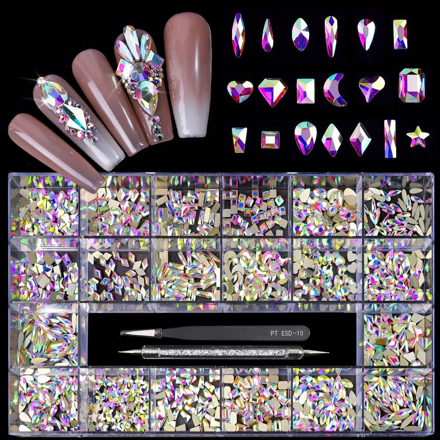 12 Types of 1000 Crystal AB Diamonds Mix Flatback DIY Crafts Rhinestone Crystals 3D Decorations Flat Back Stones Set +Tweezers + Drill Pen