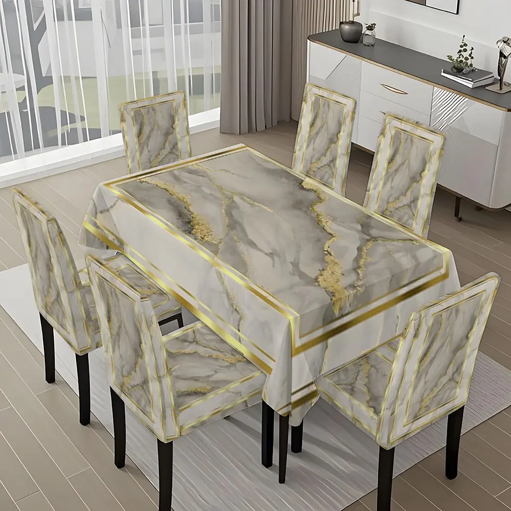 5/7-piece 2D Flat Printing Golden and White Marble Pattern Frame Printing Pattern Tablecloth and Chair Cover Set, for dining table and chair decoration, perfect for home, holiday gatherings, restaurants, and parties, Chair Covers for Dining Chairs