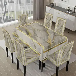 5/7-piece 2D Flat Printing Golden and White Marble Pattern Frame Printing Pattern Tablecloth and Chair Cover Set, for dining table and chair decoration, perfect for home, holiday gatherings, restaurants, and parties, Chair Covers Set