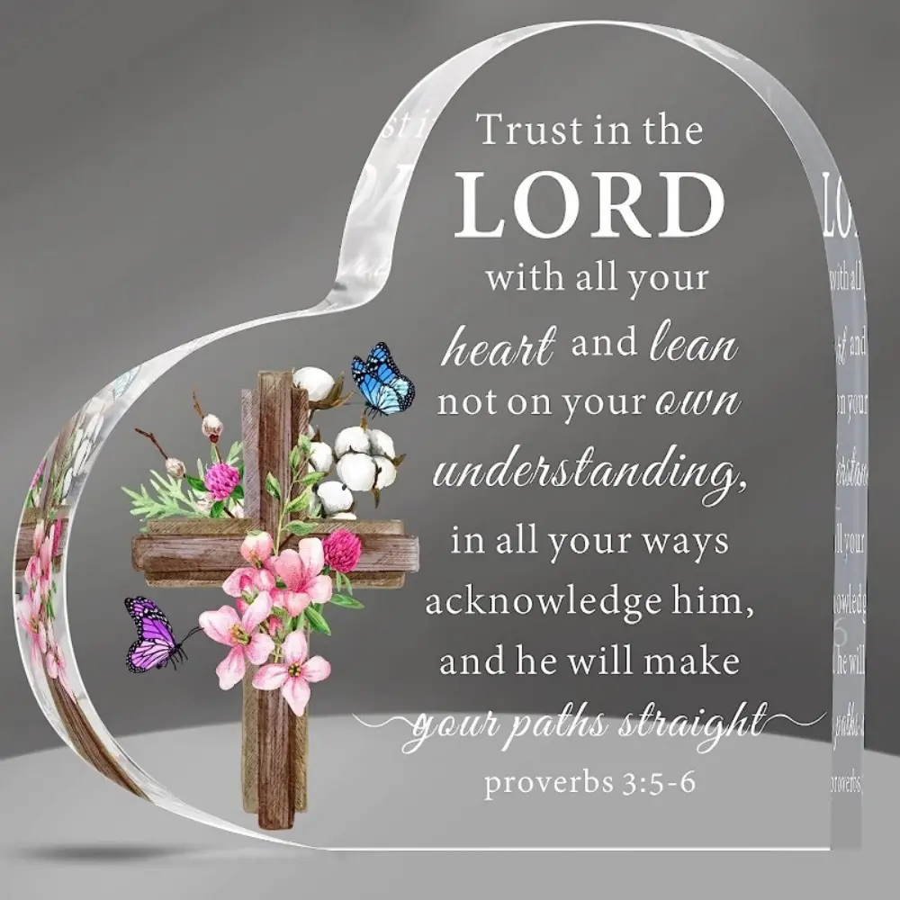 Christian Heart Acrylic Plaque - Cross Engraving, Crucifix, Gold Butterfly Accent, Floral-Infused Religious Home Supplies Decor, Trust In The Lord Scripture Desktop Accessory, Baptism & Back-to-School Christian Gift, Christian Gifts