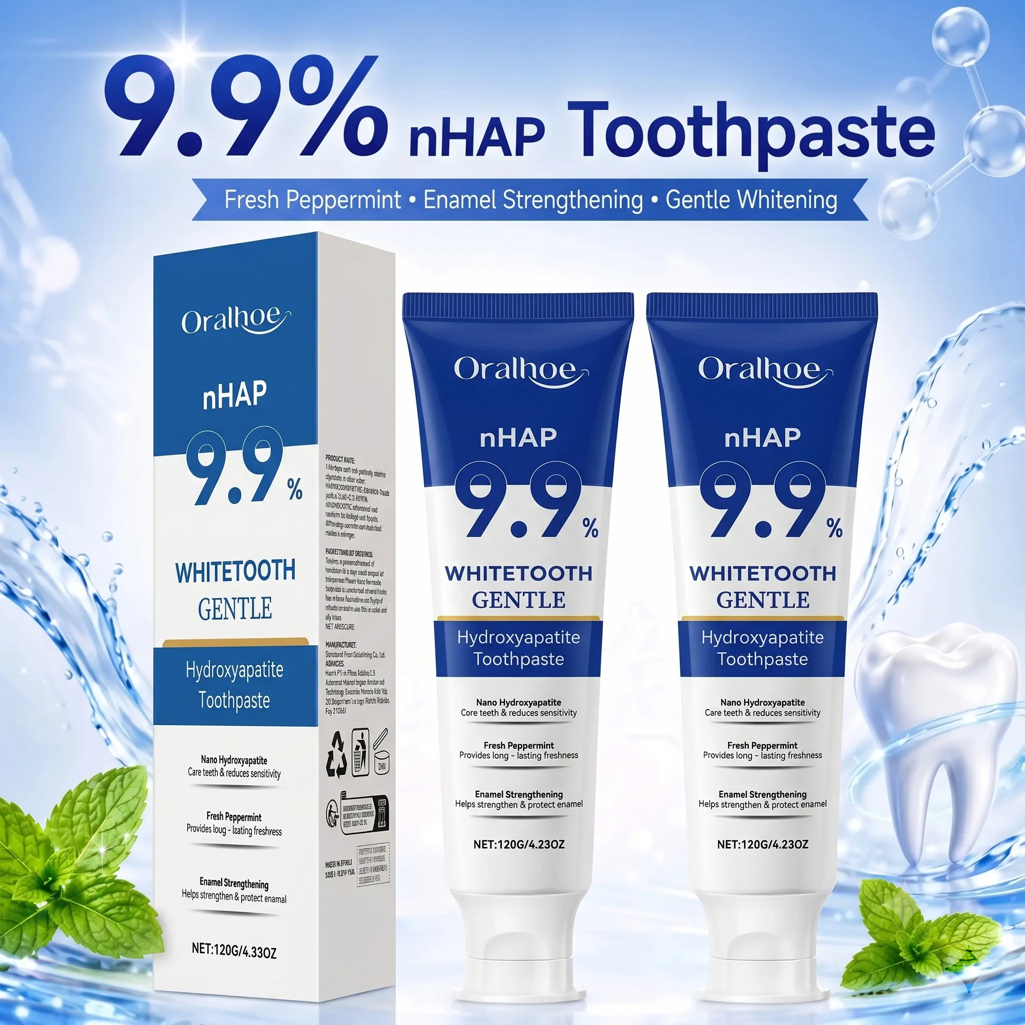nHAP Hydroxyapatite Toothpaste - 9.9% Nano Remineralizing Healthy Dental Care Cleansing Oral Care Supplies, Enamel Repair, Sensitive Teeth Relief, Brighter Smile, Peppermint Flavor, 120g Daily Use