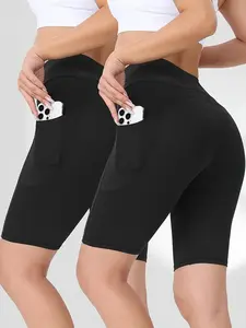 Women's High-Waisted Athletic Compression Biker Shorts - Skinny Workout Shorts with Side Pockets, Spandex Fabric for Yoga, Gym, Athletic Compression Shorts