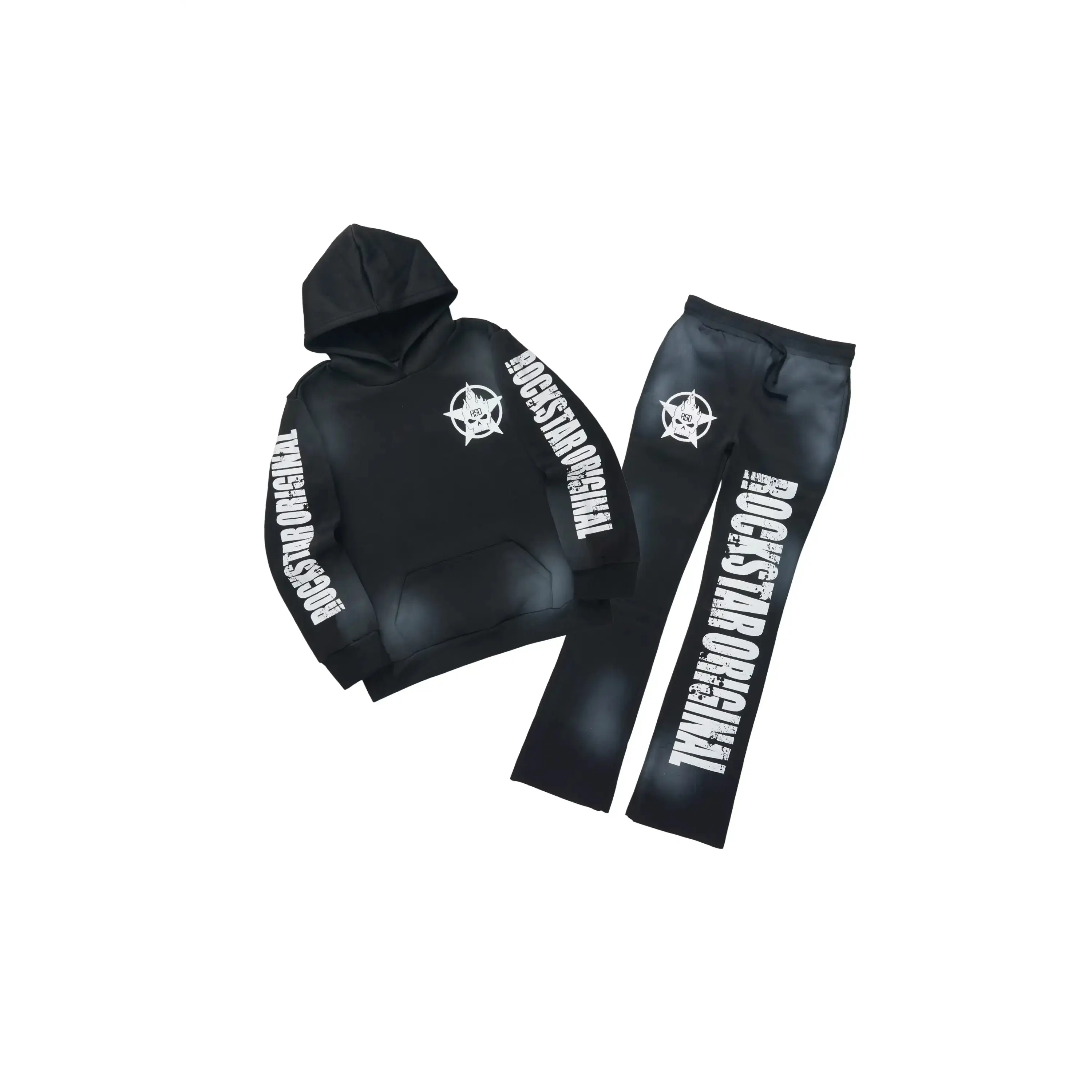 Boys Keve Black Hoodie Stacked Track Pant Set