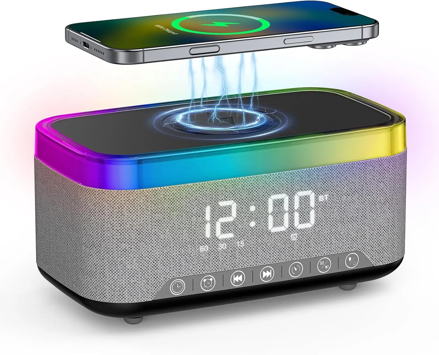 All-in-1 Table Alarm Clock, Bluetooth Speaker with 15W Wireless Charger, White Noise & LED Light