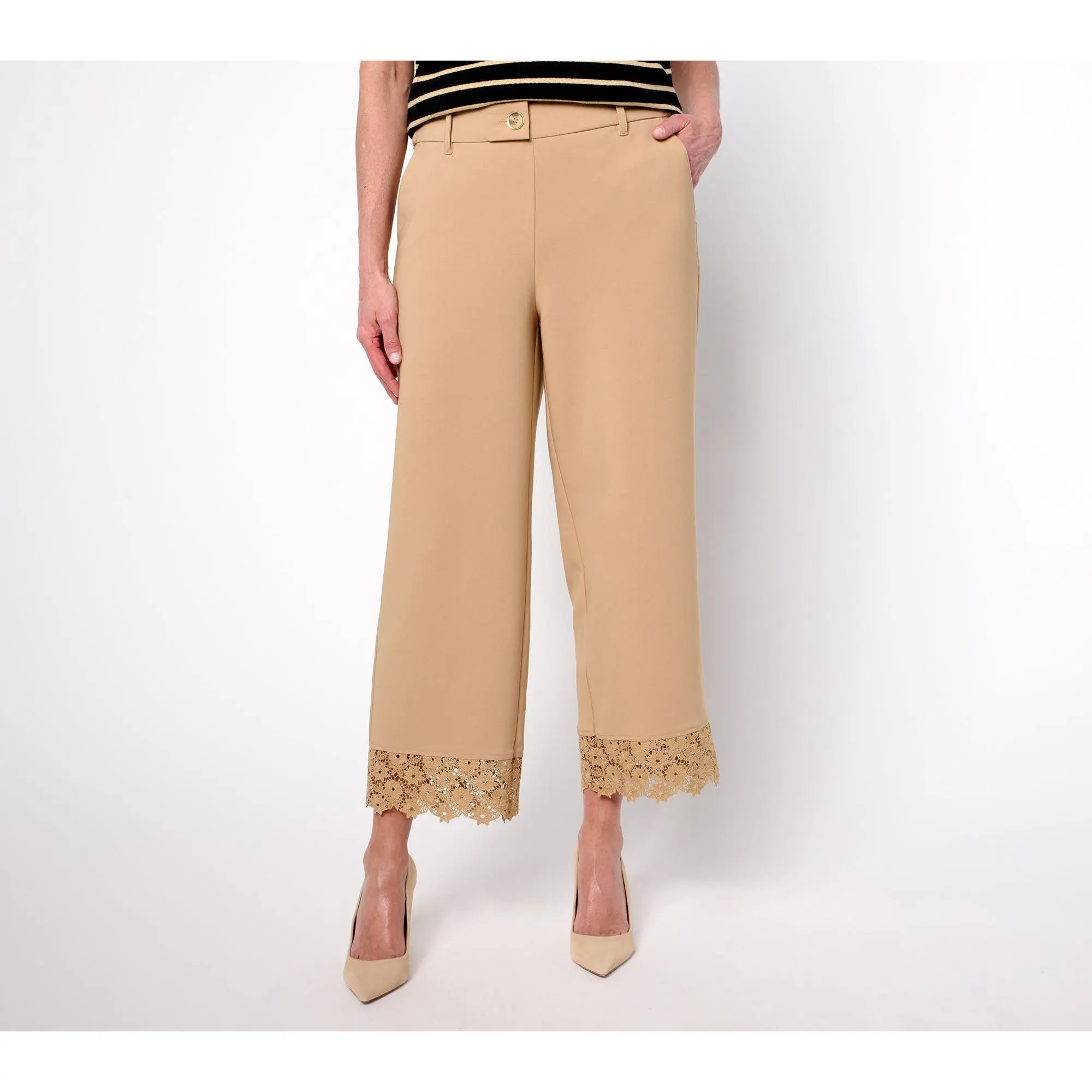 Isaac Mizrahi Live! Tall Crepe Wide Leg Crop Pants with Lace Trim