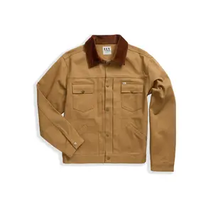 Men’s retro twill trucker jacket with a brown corduroy collar, made from 100% cotton, 14 oz twill, casual fit, with pockets.