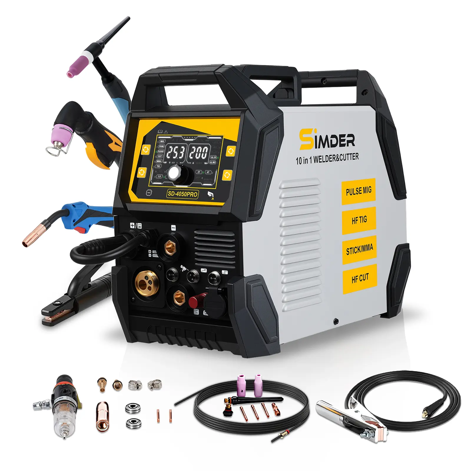 SIMDER 10-in-1 Multiprocess Welder Plasma Cutter Combo - 200A 110V/220V Dual Voltage, Aluminum Pulse MIG, HF TIG, Stick, Synergic Settings, Hot Start, Foot Pedal, Brackets, Advanced LCD Display, Auto Repair Tools for Metal/Trailers, Sd-4050Pro, 10-In-1 Fu