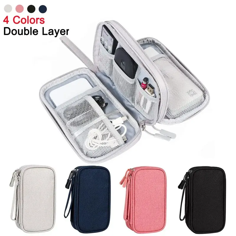 Portable Waterproof Cable Organiser Accessory Pouch, Double-Layer Space-Saving Travel Storage Carrier Pouch for Phones & Electronics Audio-Video Accessories