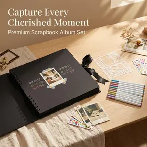 This all-in-one handmade black scrapbook memory album set features a spiral-bound photo diary, stickers, markers, and templates for DIY memory preservation.