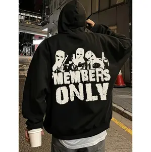 Men's Black Hoodie Featuring Unique Back Graphic Print and Balaclava Mask Design for Stylish Urban Streetwear