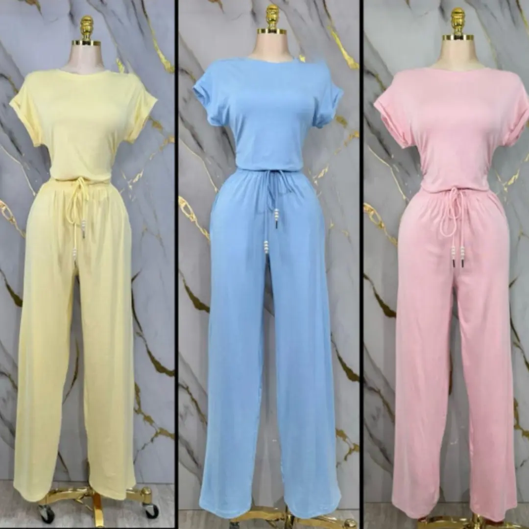 Comfy Chic Wide-Leg Lounge Set – Soft Short Sleeve Top & Drawstring Pants