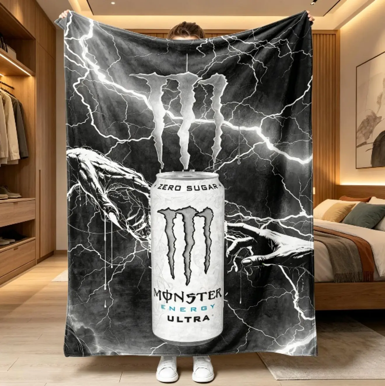 Ultra Lightning Gamer Flannel Blanket for Kids & Adults, Black/White Zombie Hand Graphic Throw Blanket, Soft Cozy AC Blanket for Bed, Sofa, and Couch, Gaming Room Decor, Birthday, Christmas, and Holiday Gift for Gamers