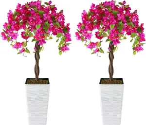 2 Packs 4FT Artificial Bougainvillea Tree, Fake Floral Tree with Flower Pot, Decorative Topiary Plant, Cement Filled Potted Faux Flower Plant for Indoor Outdoor Porch Home Office Decor