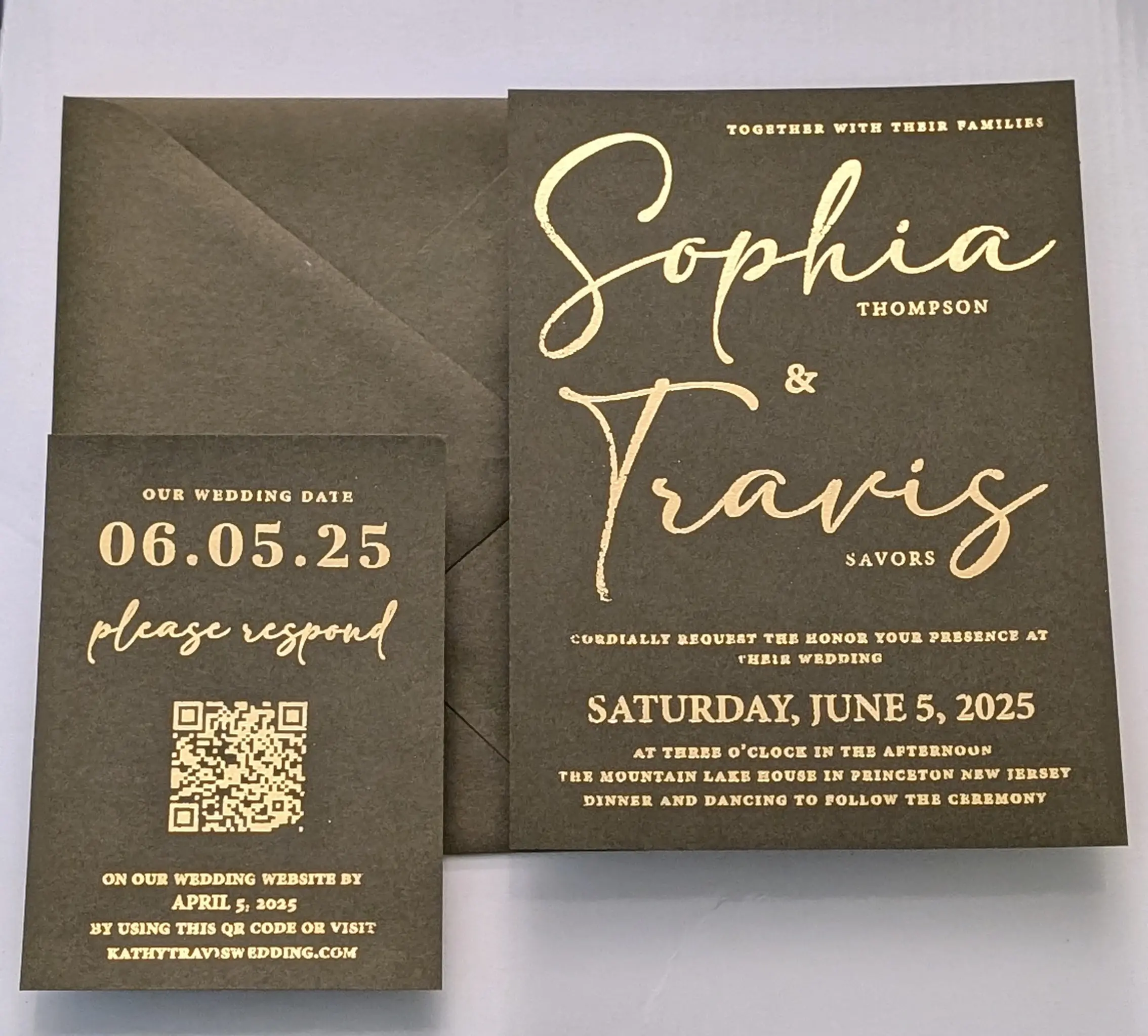 SAMPLE Sage Olive Green Wedding Invitation with Foil Script and QR Code RSVP
