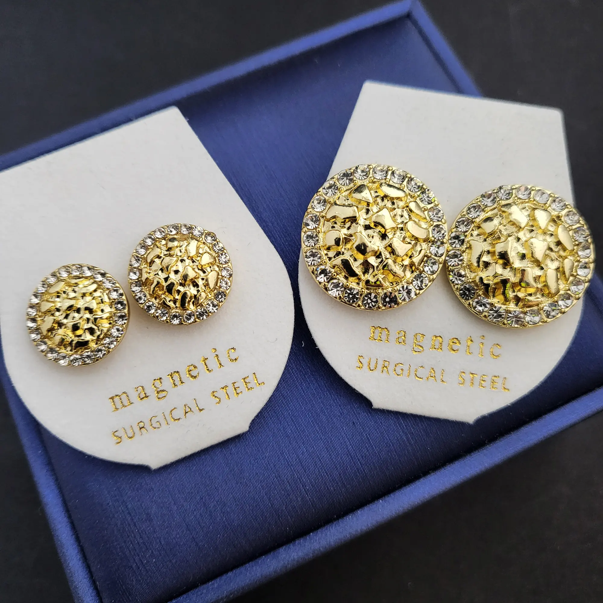 MaxBling81 Iced Out Gold Nugget Stud Earrings for Adults, Unisex Gold-Plated Alloy Hip-Hop Costume Jewelry, Magnetic Non-Piercing