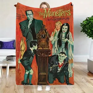 Cartoon Monster Family Theme Flannel Blanket - Patterned Digital Print, Soft and Warm Reusable Nap Blanket, Suitable for Sofa, Office, Bed, Camping, Travel, Multifunctional All-Season Gift Blanket 065