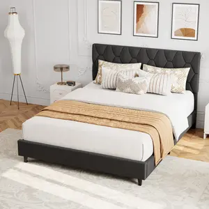 Garvee Grey Full Bed Frame with Upholstered Headboard,Heavy-Duty Platform Bed Frame with Strong Wood Slats, No Box Spring Needed/Easy Assembly/Noise Free