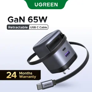 UGREEN Nexode 65W Charger with Retractable USB-C Cable International Warranty Smart Power Allocation 8-Safeguard Protection for Apple Android Devices,TikTokShopSpringGlowUp,Greenish