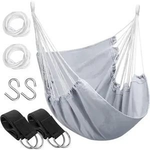 Hammock Chair Hanging Rope Swing Seat for Indoor Outdoor, Sturdy Cotton Weave Hammock Swing, Max 300Lbs Hanging Hammock Chair for Bedroom Patio Porch (Pole and Pillows NOT Included, Light Grey)