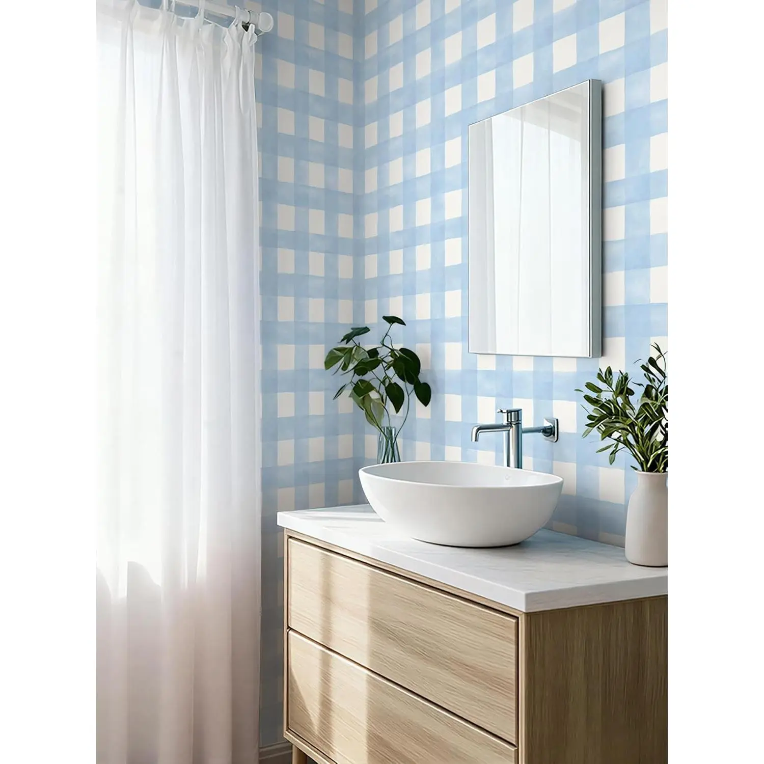 Blue Peel and Stick Wallpaper Plaid Modern Wall Paper Checkered Gingham Contact Paper Self-Adhesive Removable Wallpapers Waterproof for Bathroom Bedroom Cabinet Vinyl 17.3" x 78.7"