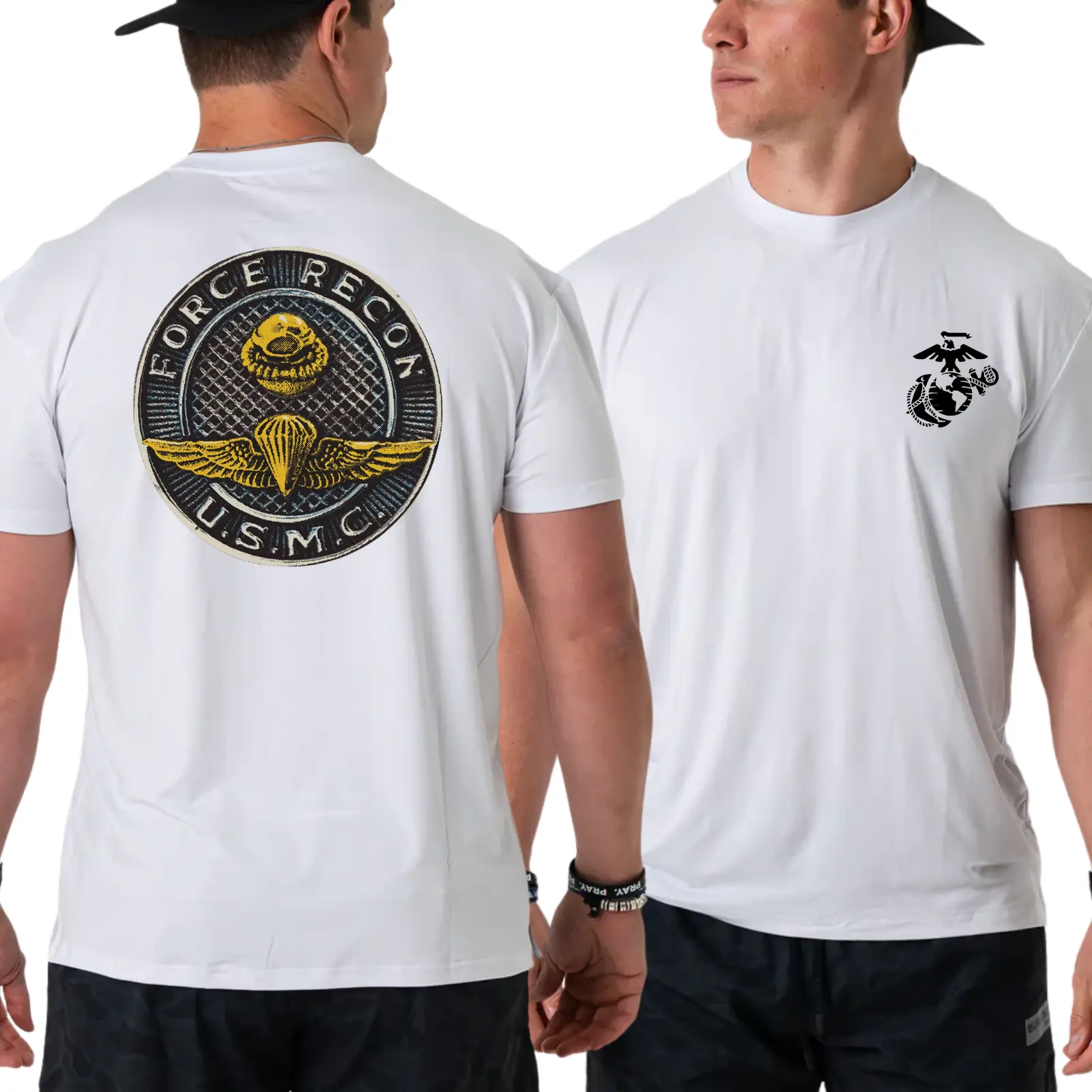 USMC Force Recon Short-Sleeve Round Neck Casual Menswear Top, White 2-Sided Graphic Tee with Gold Parachute Wings Emblem, Distressed Military Recon Badge Design, Elite Marine Apparel for Men, Shortsleeve, Tops