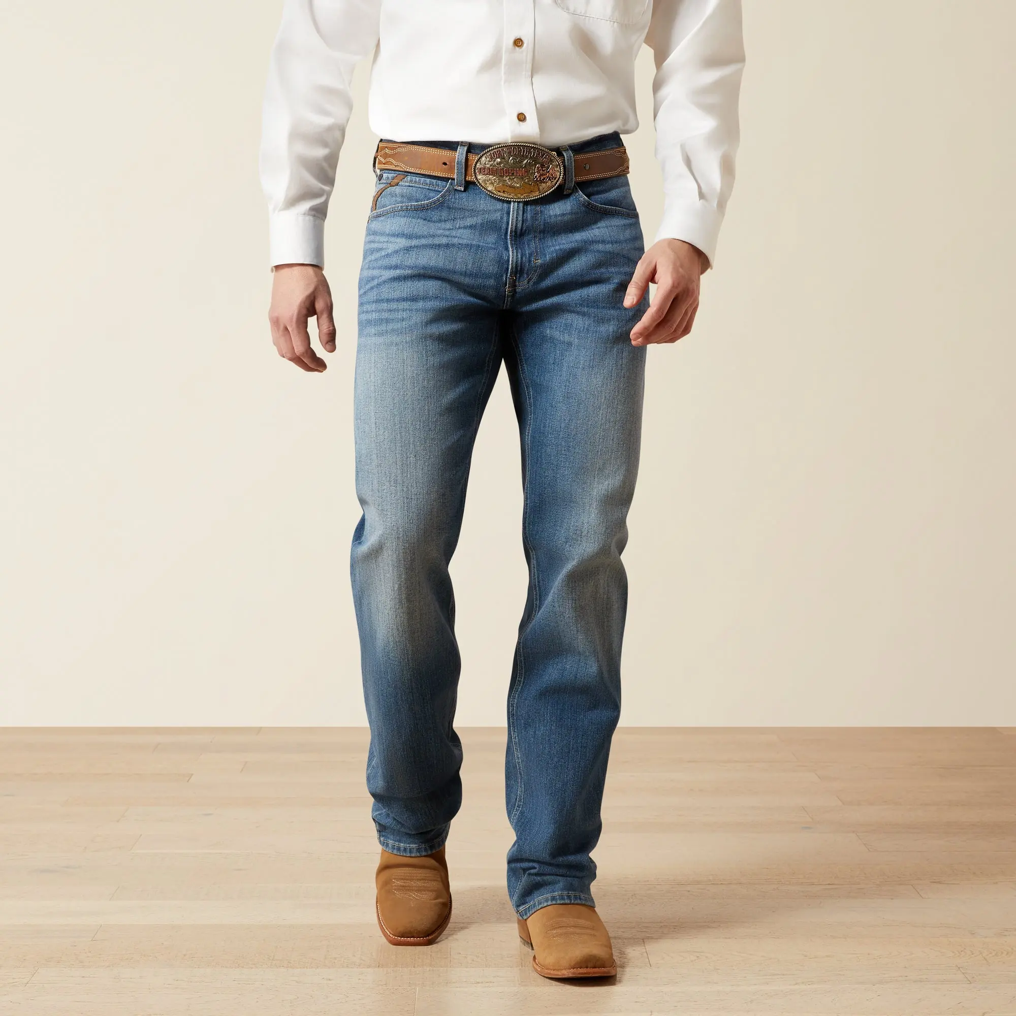 Ariat Men’s Legacy M2 Brandon Relaxed Fit Bootcut Jeans - Medium Wash, Country-Inspired, Casual Menswear, Traditional Classic Embroidered, Reinforced Durable Denim Pants with Pocket, Embroidery