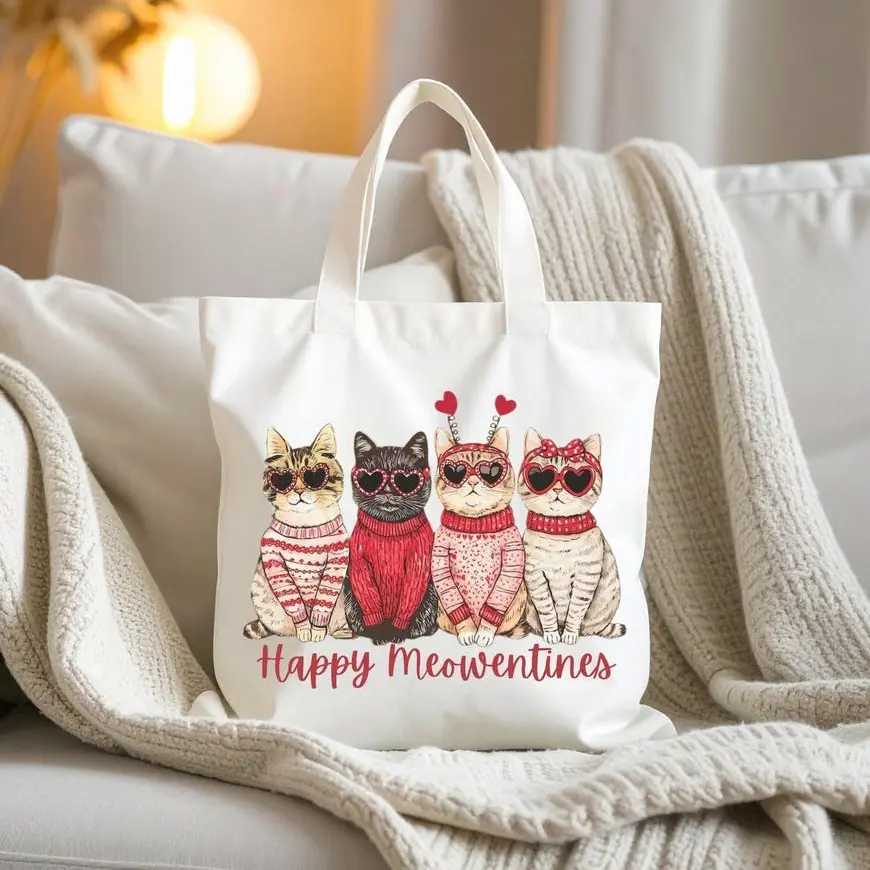 Happy Meowentines Tote Bag, Valentine Cat Canvas Tote, Cute Cats Love Tote Bag, Funny Cat Lover Gift Bag, Aesthetic Valentine Tote, Casual Reusable Canvas Bag