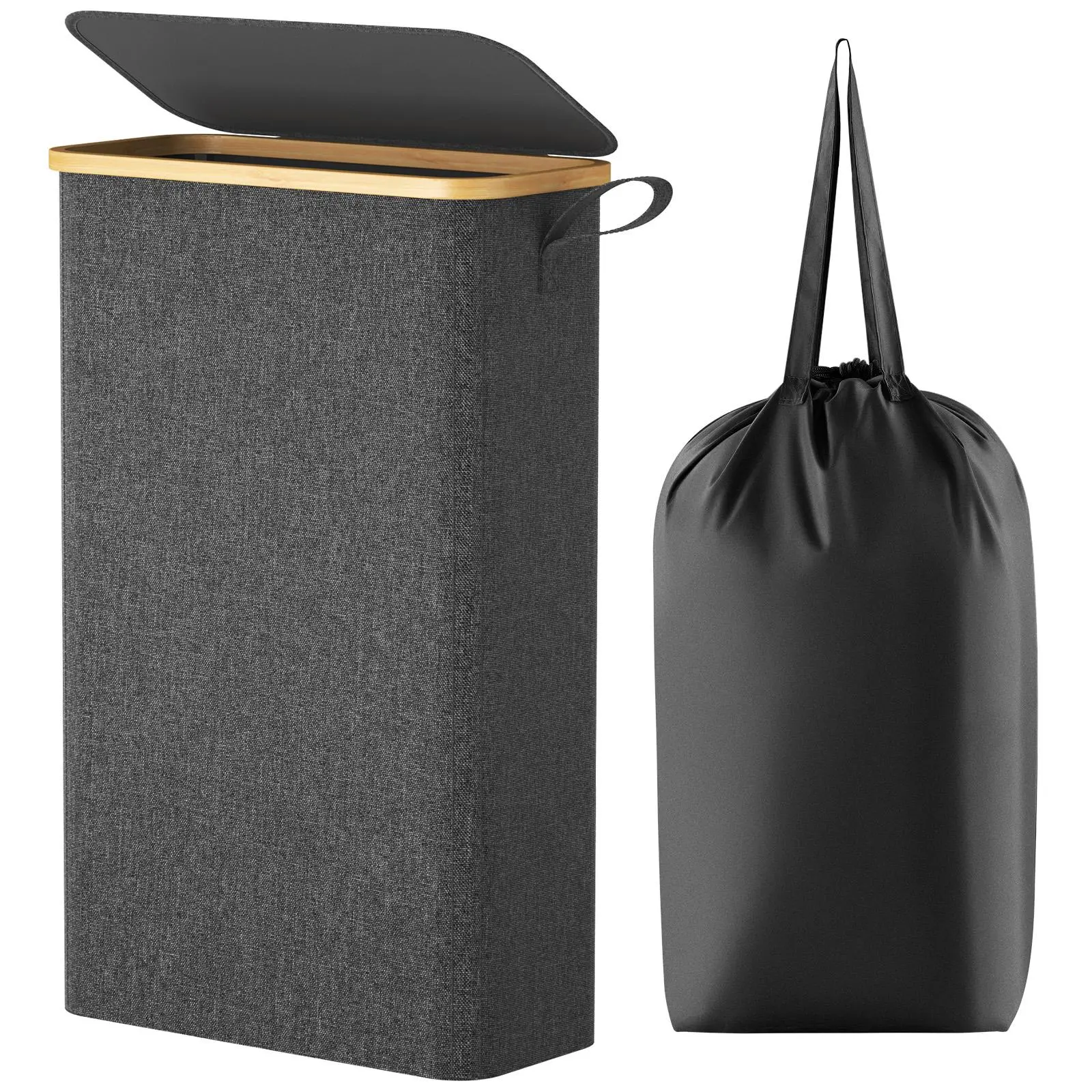 Lifewit 50L / 65L Slim Laundry Hamper with Lid, Narrow Basket with Removable Bag, Bamboo Handles, Foldable Design for Efficient Space Utilization,summerwins