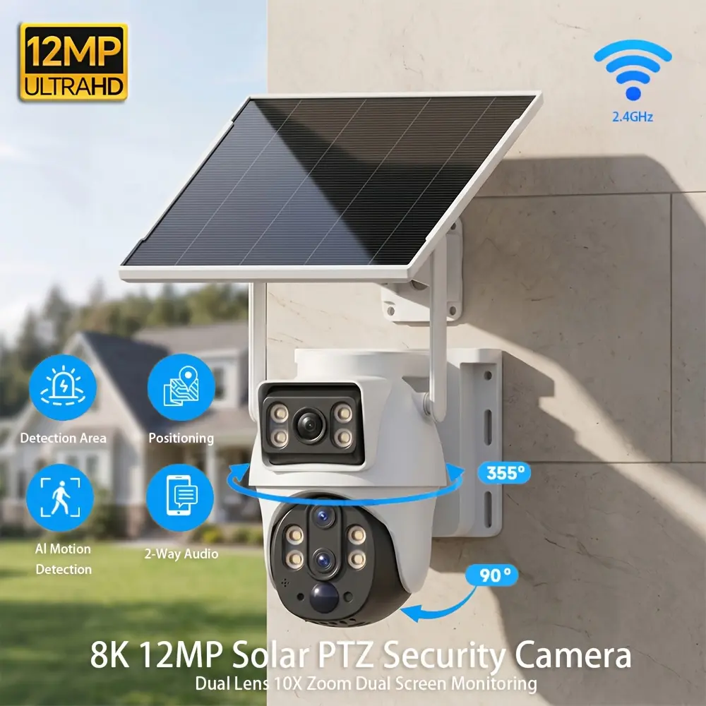 XIAOVV Outdoor Camera 2.4GHz WiFi Outdoor Security Camera  10x Digital Zoom PTZ Camera  Solar Charging + Rechargeable Battery  355° Horizontal Rotation & 90° Vertical Rotation  AI Motion Detection, Cloud Stora