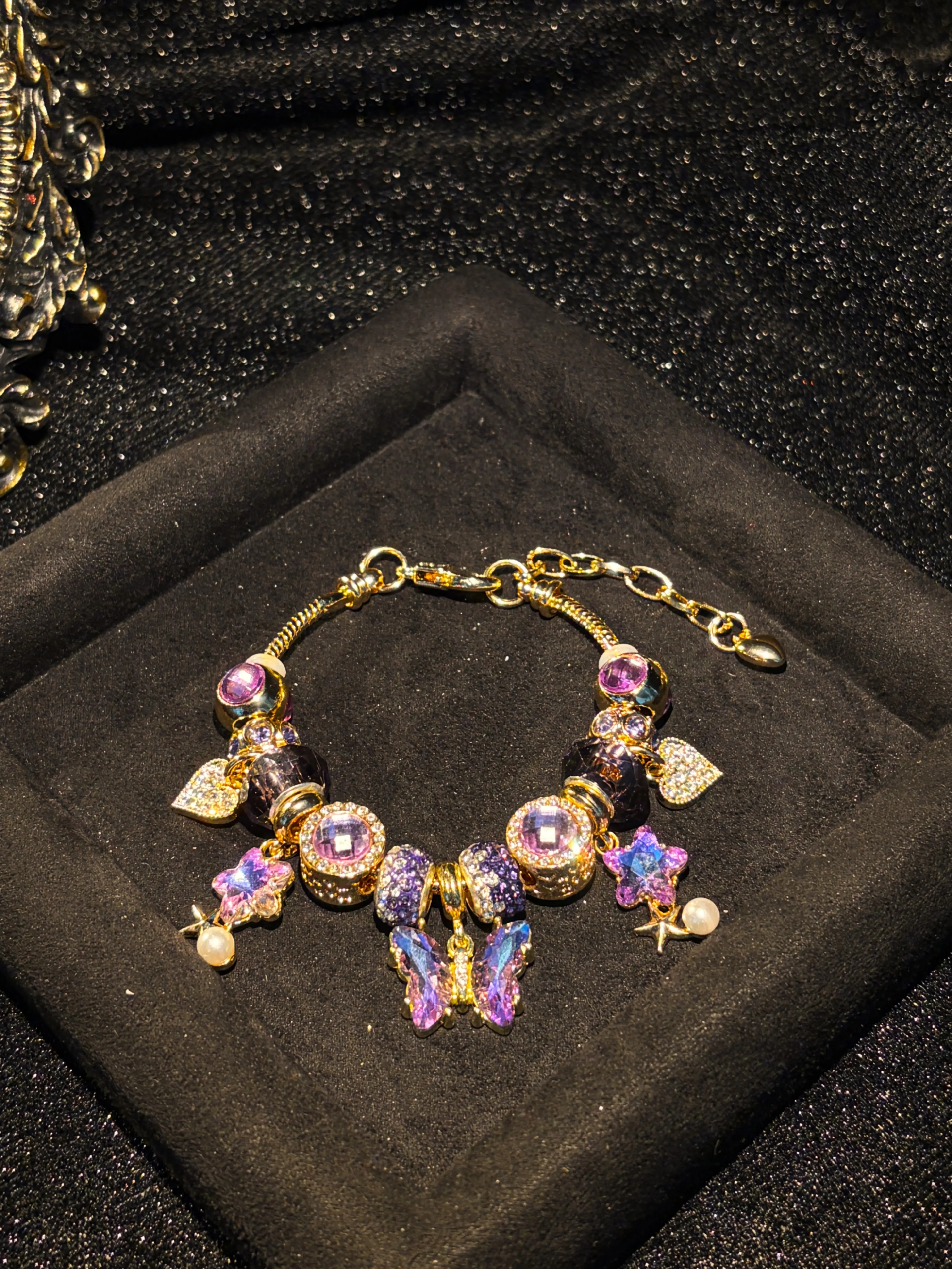 Gold Tone Snake Chain Charm Bracelet for Women, Purple Crystal Beaded Bracelet with Butterfly & Star Enamel Charms, Glitter Fairy Stackable Handmade Jewelry Gift for Her
