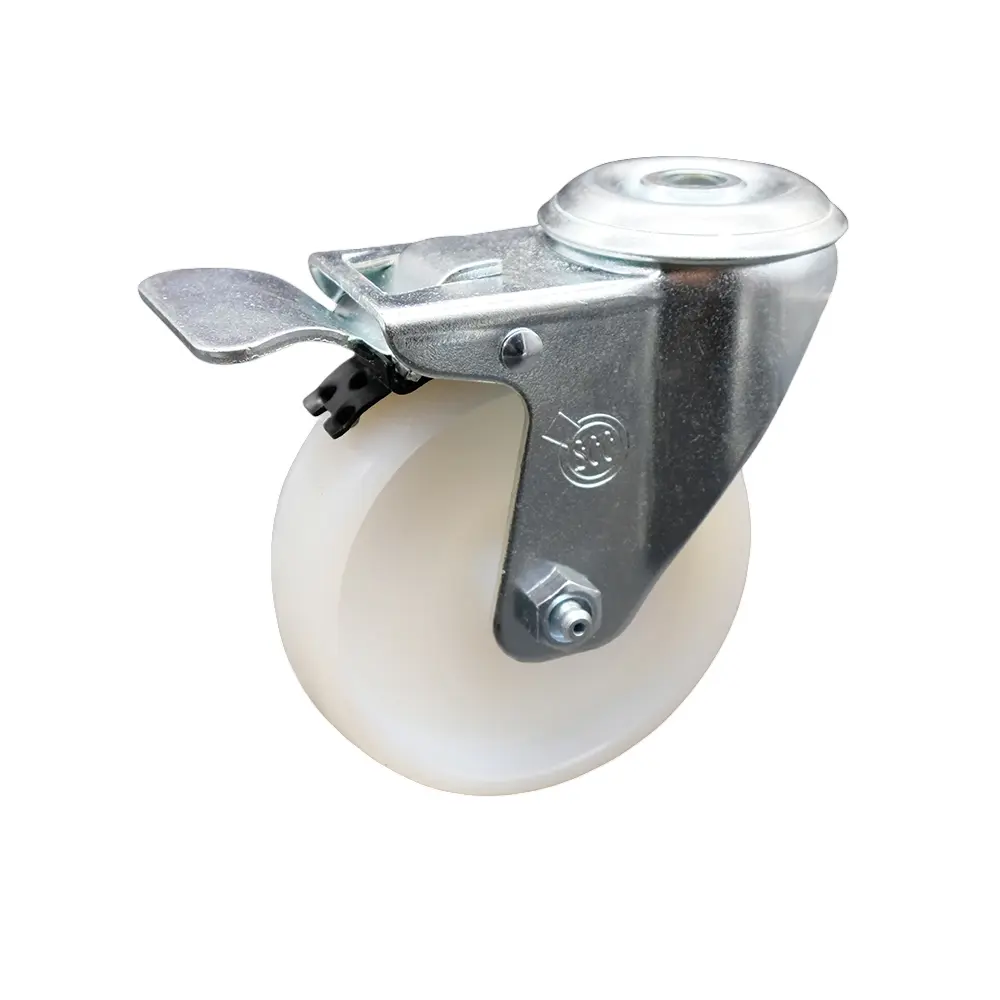 Stainless Steel Bolt-Mount Lockable Swivel Casters, 4 x 1.25 in. White Nylon Wheels, Total Locking Brake, Maintenance Free, 300 lbs Capacity, Furniture Lift Mover & Equipment Hardware Casters (Swivel & Lockable Wheels)