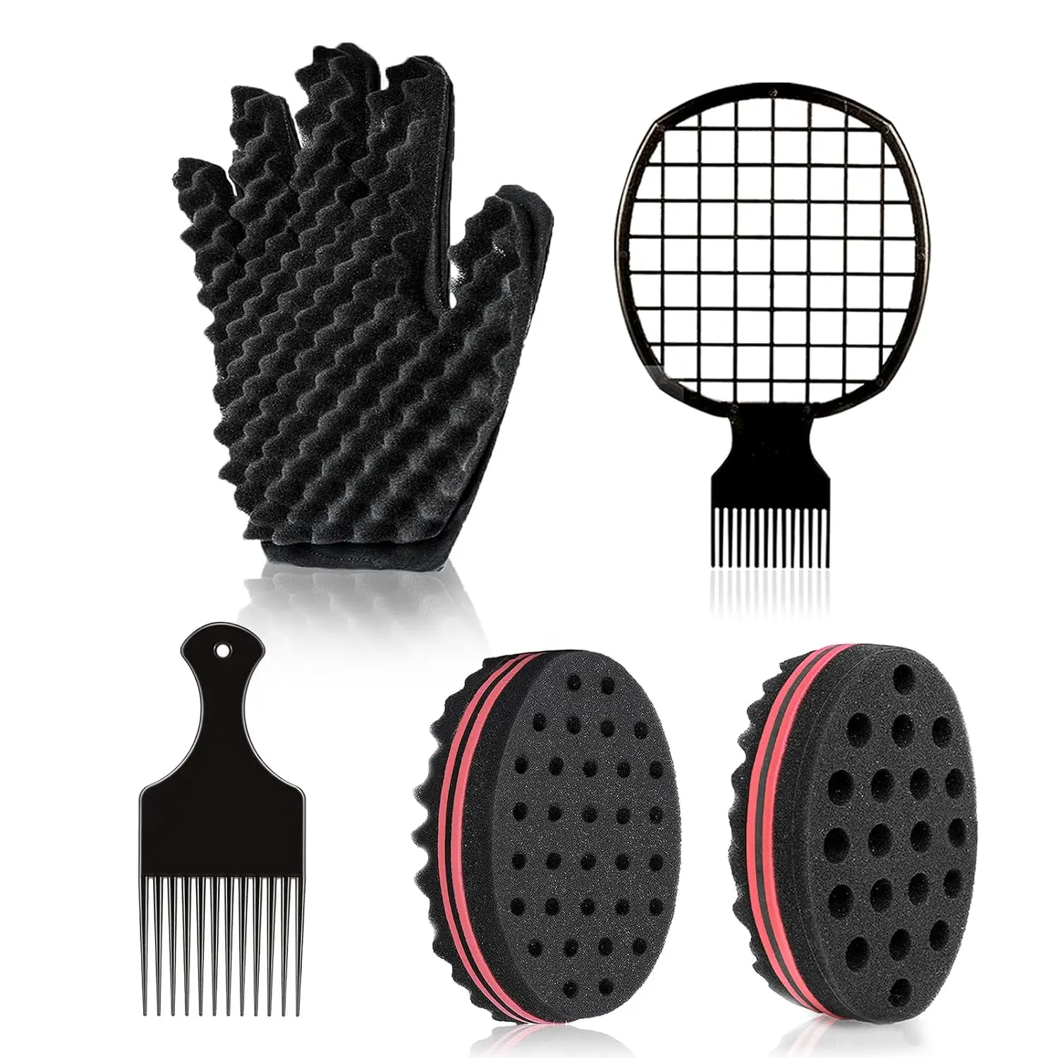 5PCS Magic Hair Sponge Kit for Dreads, Afro Curl Sponge Brush, Coil Glove, Steel Pick Comb & Twist Comb for Natural Hair Styling Men Women
