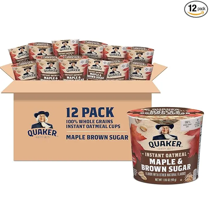 Quaker Instant Oatmeal Express Cups Maple & Brown Sugar, 12 Pack, 100% Whole Grain Oats, Microwave Ready Breakfast Cups, 1.69 oz Each