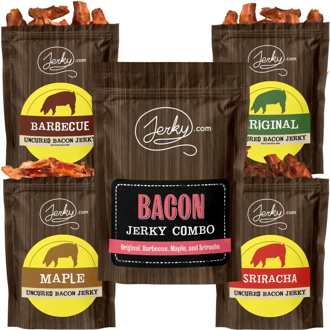 4 pc. Bacon Jerky Combo - Made with 100% Whole Strips of Bacon Goodness - Original, Sweet Maple, Barbecue and Spicy Sriracha Flavored Bacon Snacks - Bold Flavored Snack, Gifts for Bacon Lovers, Stocking Stuffer Idea, Christmas Gifts for Men - 7 oz.
