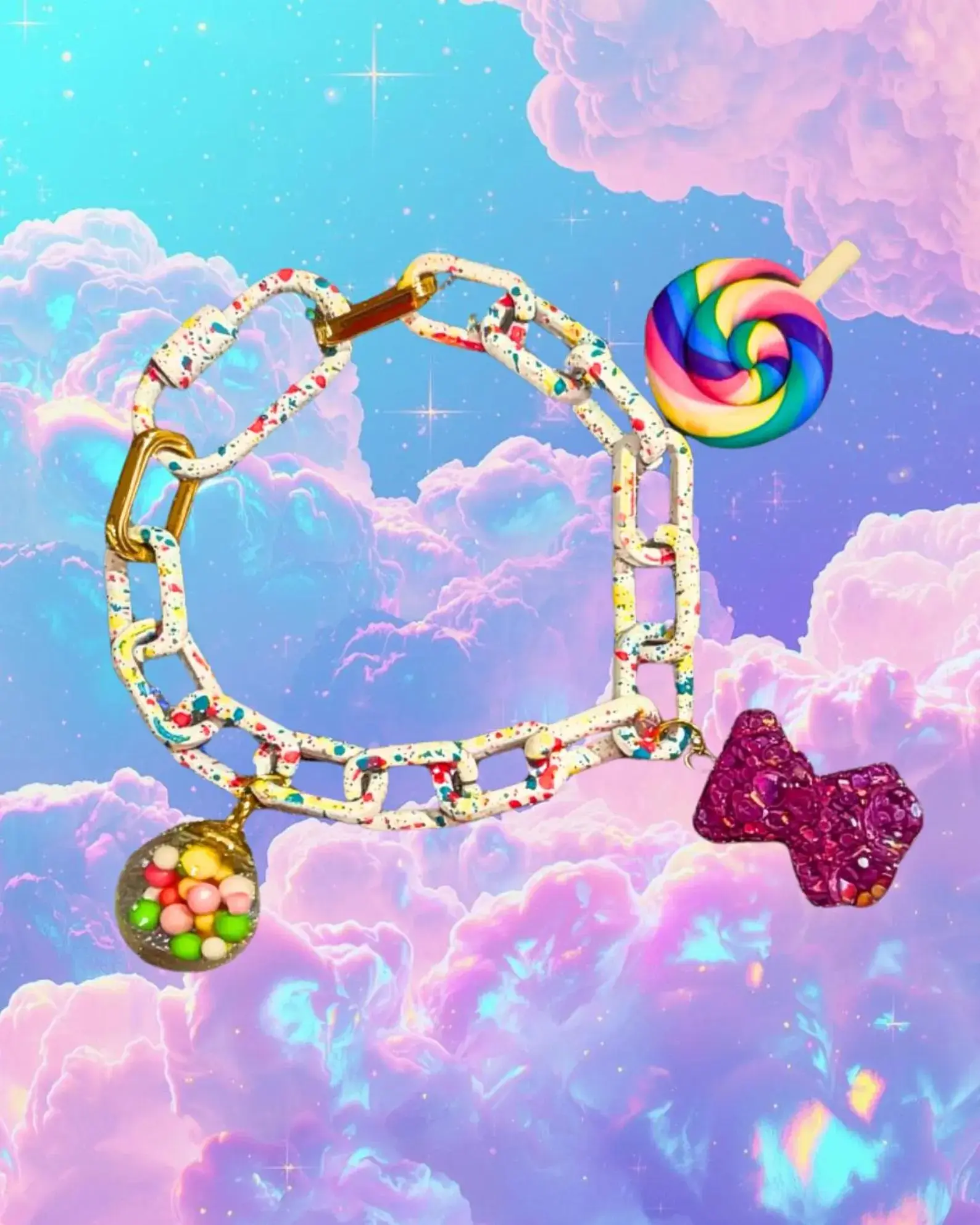 Candy-Inspired Charm Bracelet with Gumball, Gummy Bear, Lollipop Charms & Splatter White Chunky Chain - Fruit-Shaped, Gummy Beads Bracelets & Bangles