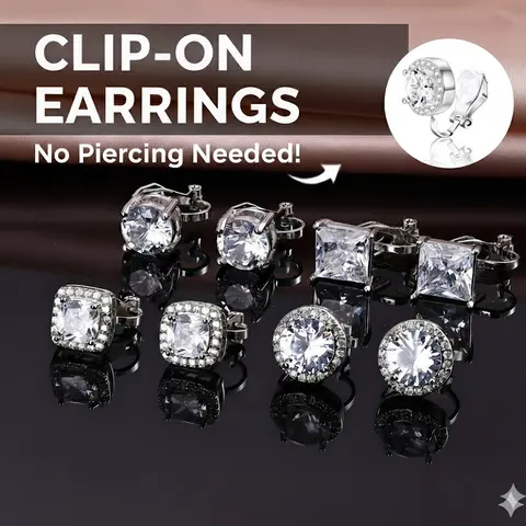 (No Piercing Needed) FIBO STEEL Clip-On Earrings Set with Cubic Zirconia Hypoallergenic White Gold plated Studs for Sensitive Ears Unisex comfort fit