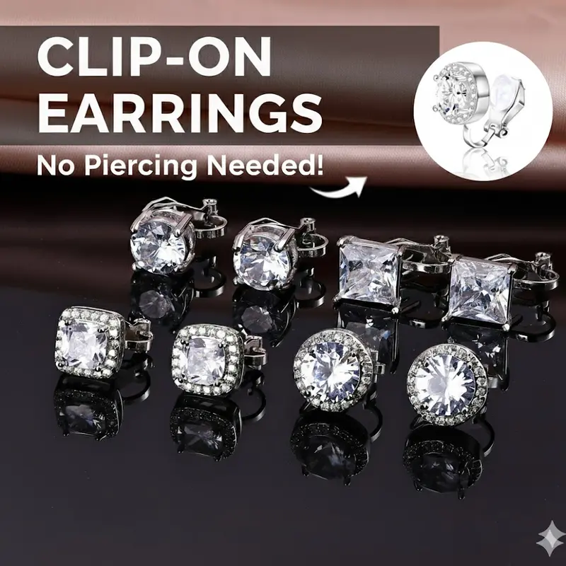 (No Piercing Needed) FIBO STEEL Clip-On Earrings Set with Cubic Zirconia Hypoallergenic White Gold plated Studs for Sensitive Ears Unisex comfort fit