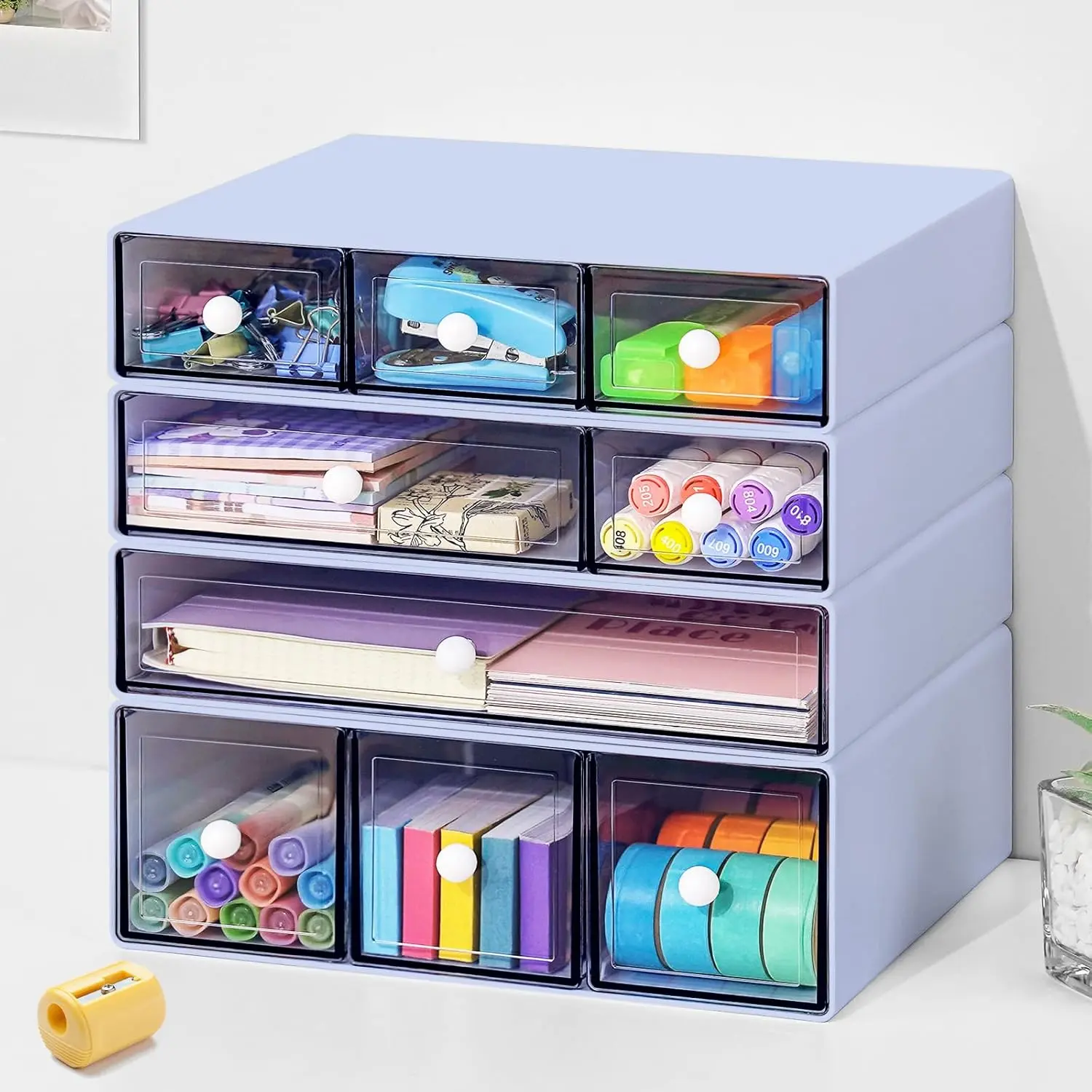 Desk Organizer with 9 Drawers, 4 Tier Plastic Stackable Storage Drawers for Desk Storage, Office Stationary Makeup Organizer Suit for Home, Office and School