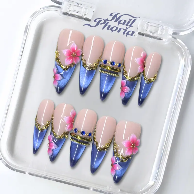 NailPhoria SAPPHIRE MOONLIGHT -SUMMER Handmade Press-On Nails | Reusable, Salon-Quality, Long-Lasting, Glossy Design