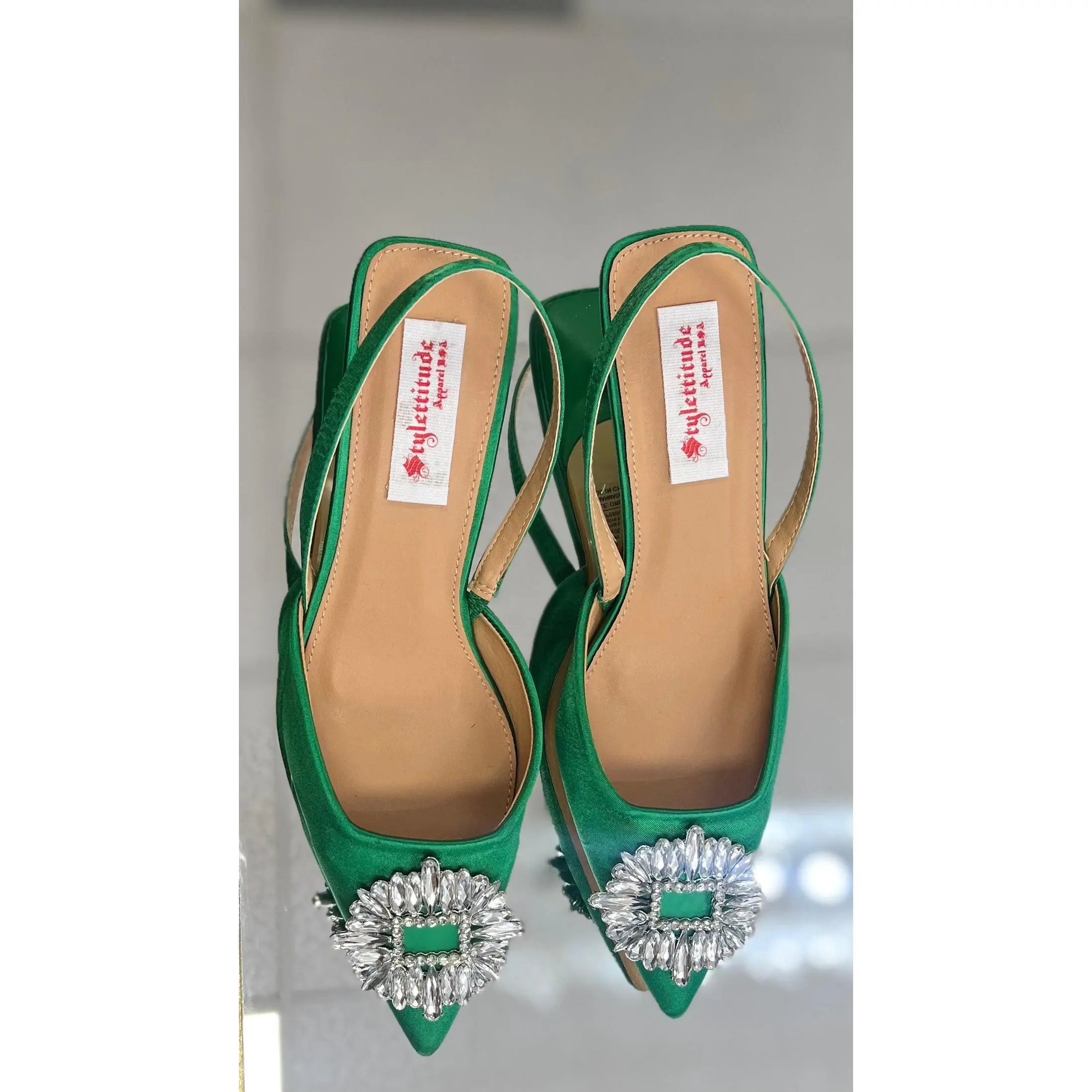 MILLA RHINESTONE SATIN KITTEN HEEL SLINGBACK PUMPS  (Green)