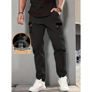Men's Durable Outdoor Pants - Loose Fit Polyester Fabric + Multi-Pocket Faux Zipper Decor, Adjustable Drawstring Waist for Hiking/Camping/Daily