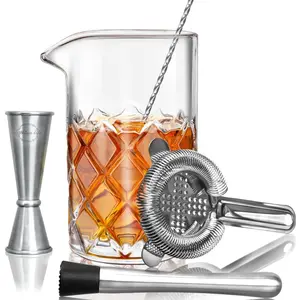 Cocktail Mixing Glass Set-20oz Crystal Thick Bottom Glass, Spoon, Jigger, Strainer and Muddle - 5 Pieces Set for Amateurs and Bartenders