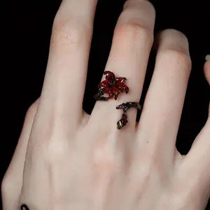 Black lotus tassel jewelry set with high-end rhinestone embellishments: ring, earrings and bracelet, dark gothic style