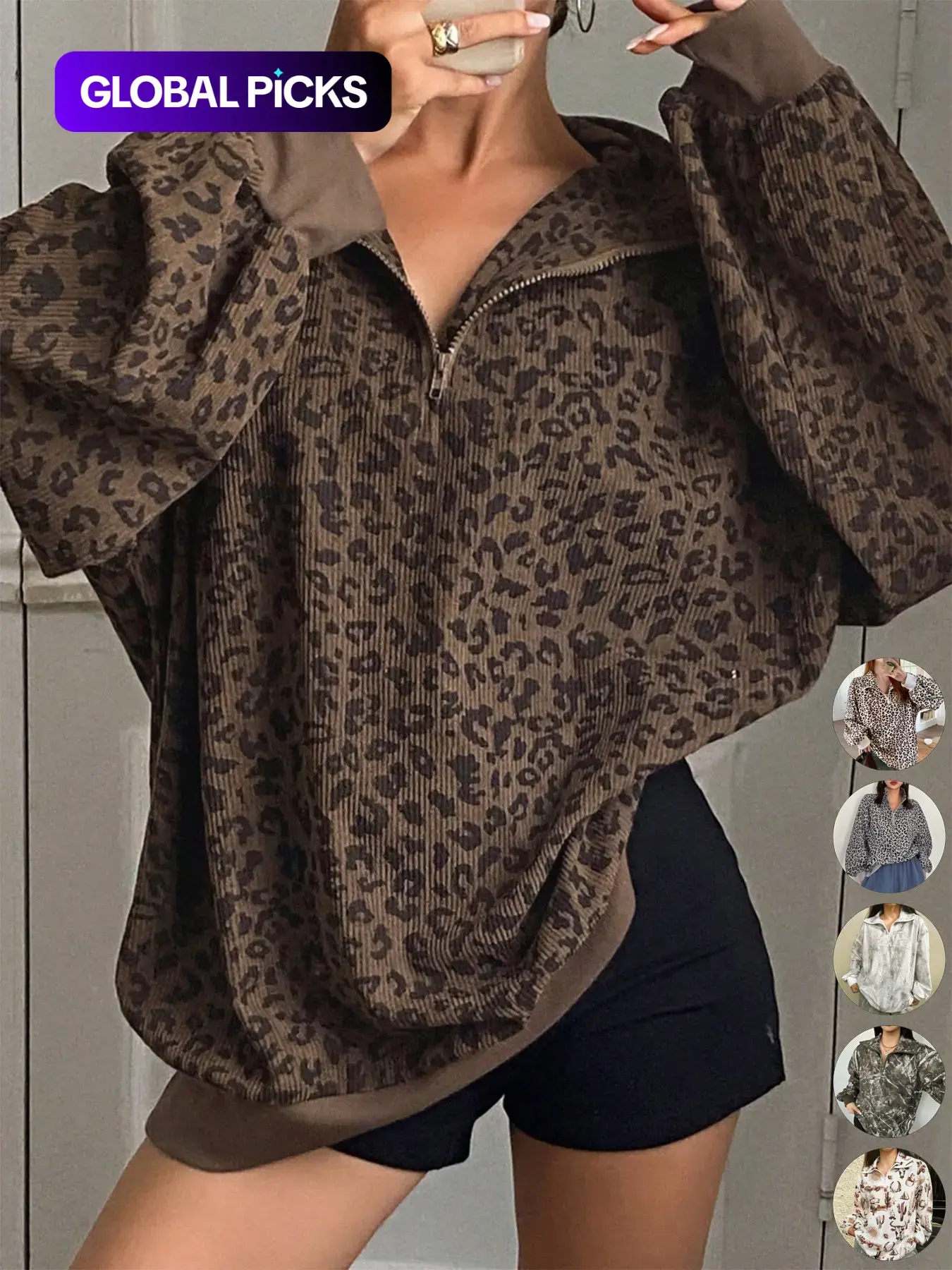 Women's Casual Zip Front Corduroy Long Sleeve Leopard Print Sporty Sweatshirt Hoodie, Loose-Fitting Spring & Fall Fashion, Comfortable Daily Wear, Casual Sports Hoodie, Womenswear