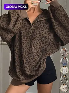 Women's Casual Zip Front Corduroy Long Sleeve Leopard Print Sporty Sweatshirt Hoodie, Loose-Fitting Spring & Fall Fashion, Comfortable Daily Wear, Casual Sports Hoodie, Womenswear